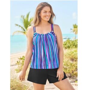 Swimsuits for All Striped Swimsuit Tank Overlay Swim Romper Women's Plus Size 30